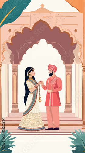 Traditional Punjabi Royal Wedding Invitation with Bride and Groom Illustration