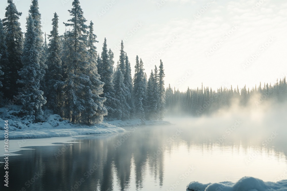 Fototapeta premium Serene winter landscape snow-covered pines reflected in a calm, misty lake at sunrise.