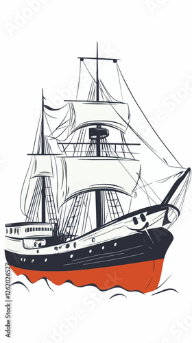 Vintage Sailing Ship with Tall Masts and Full Sails Vector Illustration