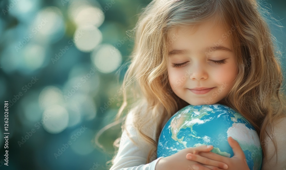 Embracing the Future: Young Girl Hugging Planet Earth Model for World Children's Day Concept Banner, Generative AI Embracing the Future: Young Girl Hugging Planet Earth Model for World Children's Day Concept Banner, Generative AI