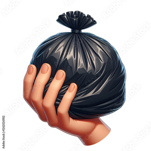 hand holds a filled black garbage bag 3d style illustration isolated on white background