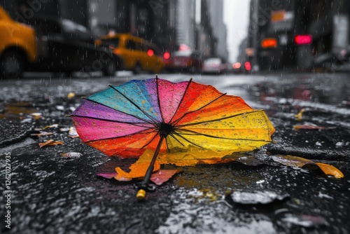 Rainbow Umbrella on a Rainy City Street photo