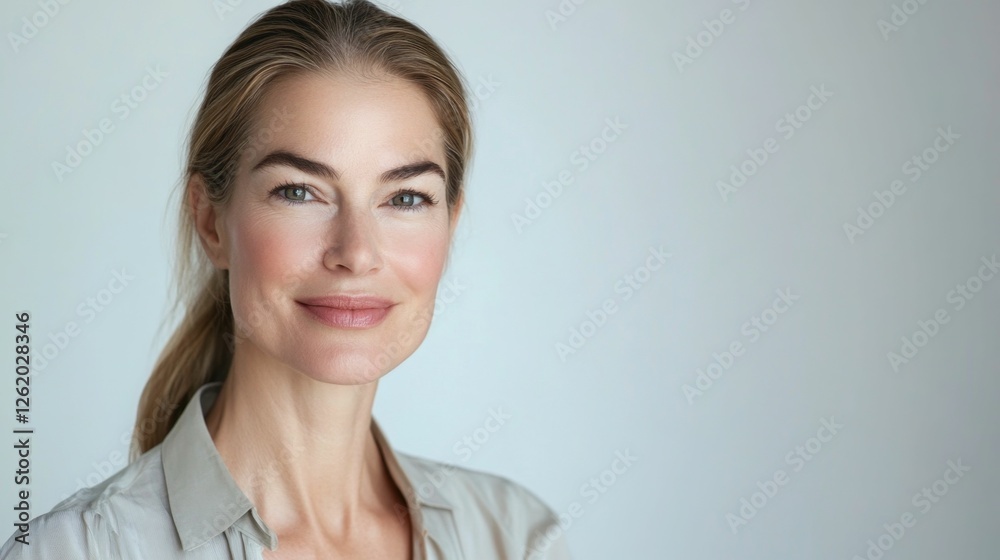 studio portrait of beautiful caucasian woman 40-45 years old with blond hair smiling looking at camera, white background, copyspace studio portrait of beautiful caucasian woman 40-45 years old with blond hair smiling looking at camera, white background, copyspace