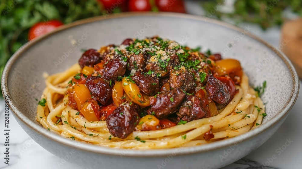 A delicious plate of pasta topped with savory meat and colorful vegetables. A delicious plate of pasta topped with savory meat and colorful vegetables.