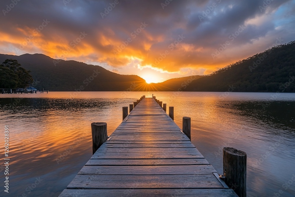 Fototapeta premium Serene sunrise over calm lake with wooden pier extending towards the vibrant sky.