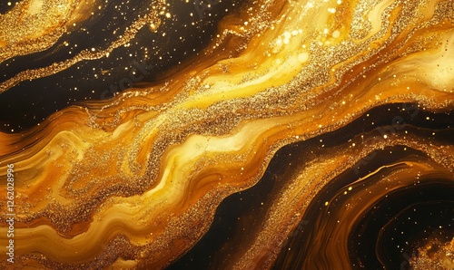 Luxurious Gold Fluid Art Marbling Texture with Metallic Swirls and Sparkling Accents, Elegant Abstract Painting for Aesthetic Background and Design, Generative AI