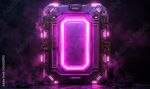 Neon Glowing Purple Futuristic Portal Door with Mechanical Details on Dark Background for Time Travel and Sci-Fi Concepts, Generative AI