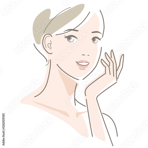 A woman with short hair touches her cheek with her finger. Beauty, fashion, makeup, skincare concept. Vector illustration in line drawing, isolated on white background.