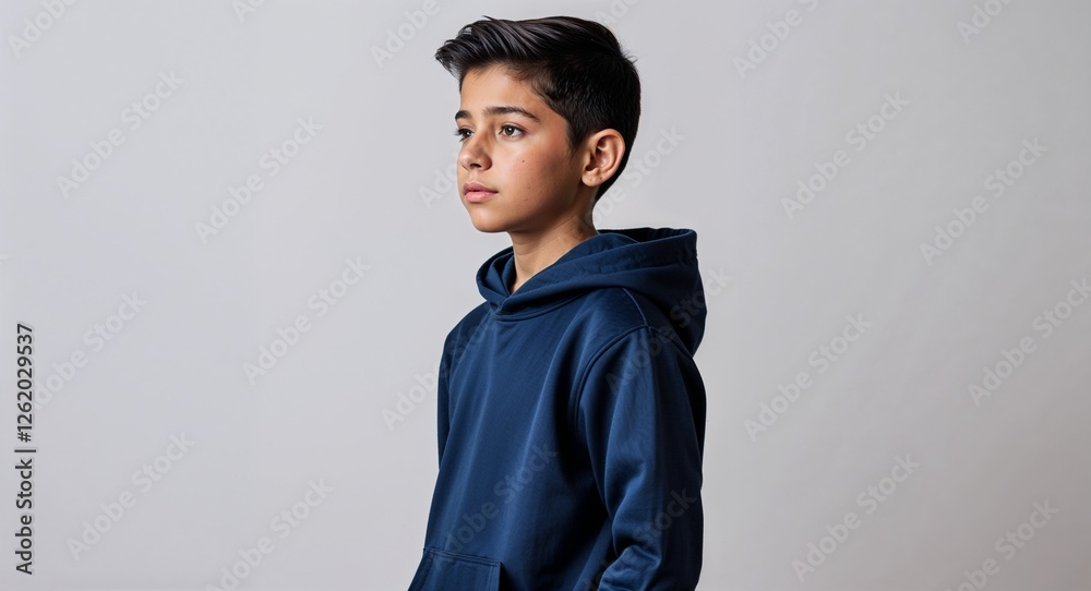 Obraz premium Hispanic boy navy blue hoodie young teen side view portrait on plain white background