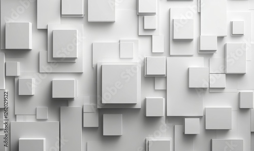 Modern Abstract Background with Layered White Geometric Shapes and Subtle Shadows on Soft Silver White Backdrop, Generative AI