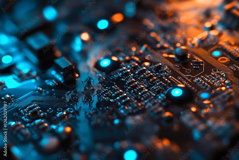 Fototapeta premium Close-up of illuminated circuit board with components and wiring.