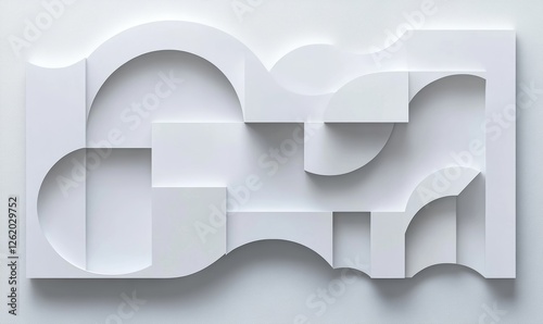 Modern Abstract Background with Layered White Geometric Shapes and Subtle Shadows on Soft Silver White Backdrop, Generative AI