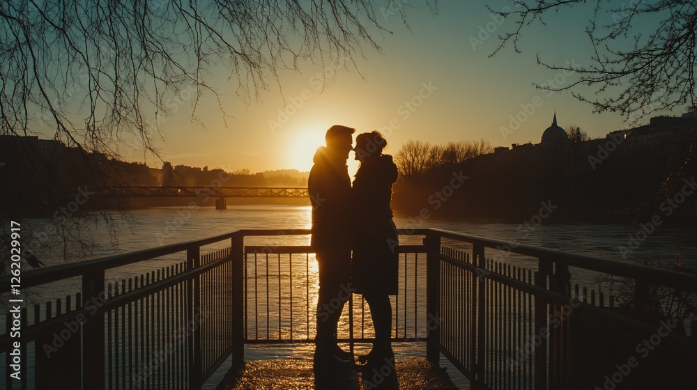Fototapeta premium Silhouetted couple embracing at sunset by a river, cityscape in background.