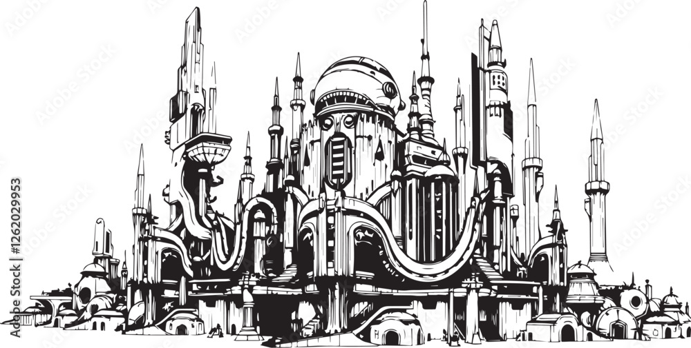 Obraz premium Futuristic City landscape. Different buildings on street, outline cityscape hand sketch, flat houses. Hand drawn vector illustration