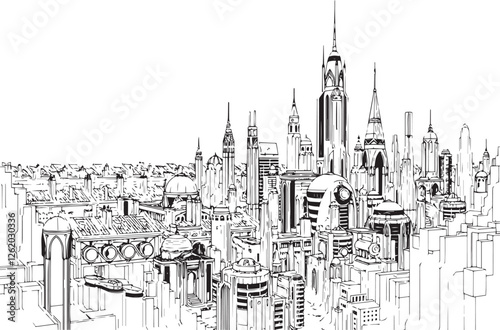 Futuristic City landscape. Different buildings on street, outline cityscape hand sketch, flat houses. Hand drawn vector illustration