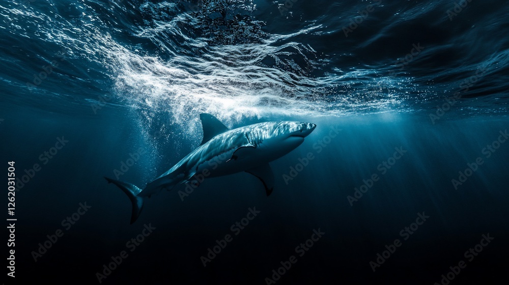 Great white shark underwater, sunlit waves. Great white shark underwater, sunlit waves.