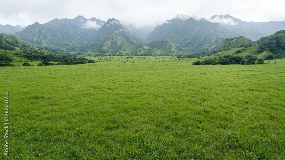 Lush green valley, misty mountains, tranquil scene, idyllic landscape, nature background Lush green valley, misty mountains, tranquil scene, idyllic landscape, nature background