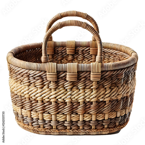 Handwoven natural fiber basket with two sturdy handles, isolated on white background. Rustic texture, warm, earthy colors. Front view