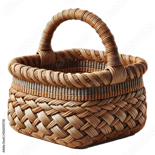 Handwoven natural fiber basket with two sturdy handles, isolated on white background. Rustic texture, warm, earthy colors. Front view