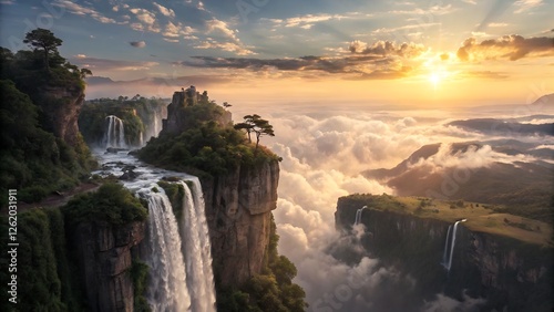  fantasy world with floating islands high above the clouds, cascading waterfalls flowing into the void, vibrant crystal-like formations on the cliffs, an enormous golden sun shining through a magical  photo