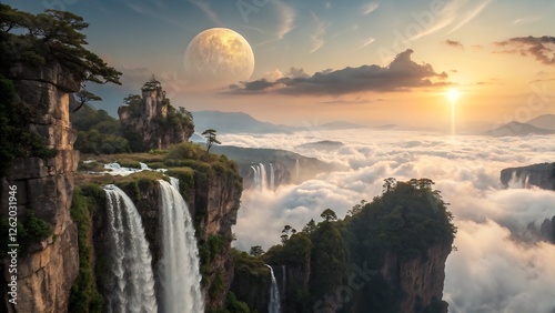  fantasy world with floating islands high above the clouds, cascading waterfalls flowing into the void, vibrant crystal-like formations on the cliffs, an enormous golden sun shining through a magical  photo