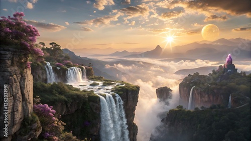  fantasy world with floating islands high above the clouds, cascading waterfalls flowing into the void, vibrant crystal-like formations on the cliffs, an enormous golden sun shining through a magical  photo
