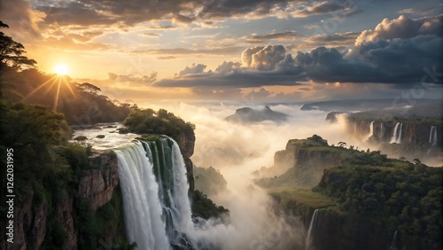  fantasy world with floating islands high above the clouds, cascading waterfalls flowing into the void, vibrant crystal-like formations on the cliffs, an enormous golden sun shining through a magical  photo