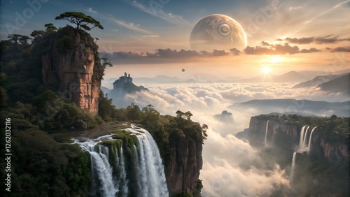  fantasy world with floating islands high above the clouds, cascading waterfalls flowing into the void, vibrant crystal-like formations on the cliffs, an enormous golden sun shining through a magical  photo