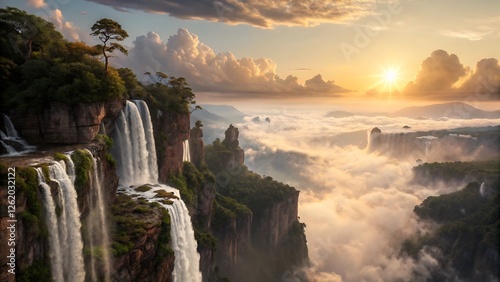  fantasy world with floating islands high above the clouds, cascading waterfalls flowing into the void, vibrant crystal-like formations on the cliffs, an enormous golden sun shining through a magical  photo