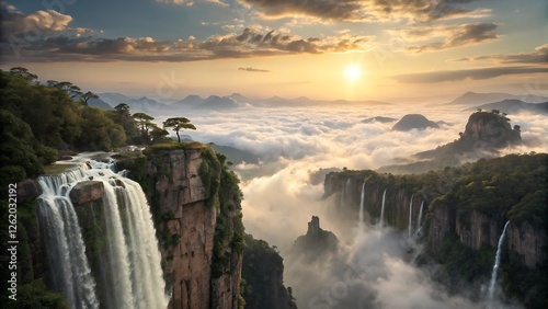  fantasy world with floating islands high above the clouds, cascading waterfalls flowing into the void, vibrant crystal-like formations on the cliffs, an enormous golden sun shining through a magical  photo
