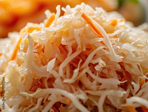 A close-up view of sauerkraut and shaved carrot pieces, typically served as a side dish or garnish. photo