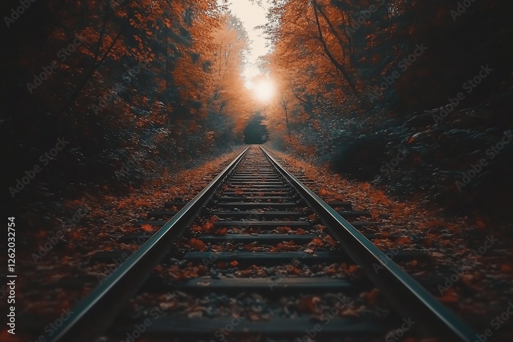 Naklejka premium Railroad tracks vanish into autumnal forest tunnel, sunlight at end.