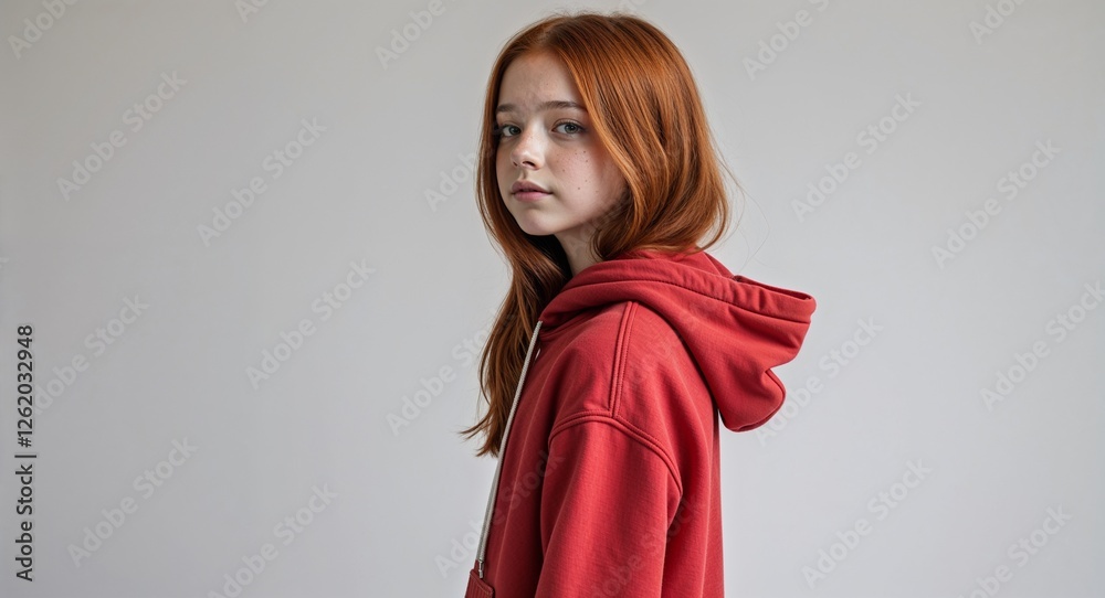 Redhead girl red hoodie young teen side view portrait on plain white background Redhead girl red hoodie young teen side view portrait on plain white background