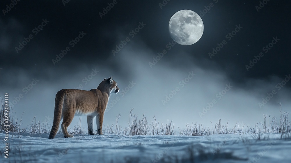 Naklejka premium Cougar standing in snowy field at night, gazing at full moon.