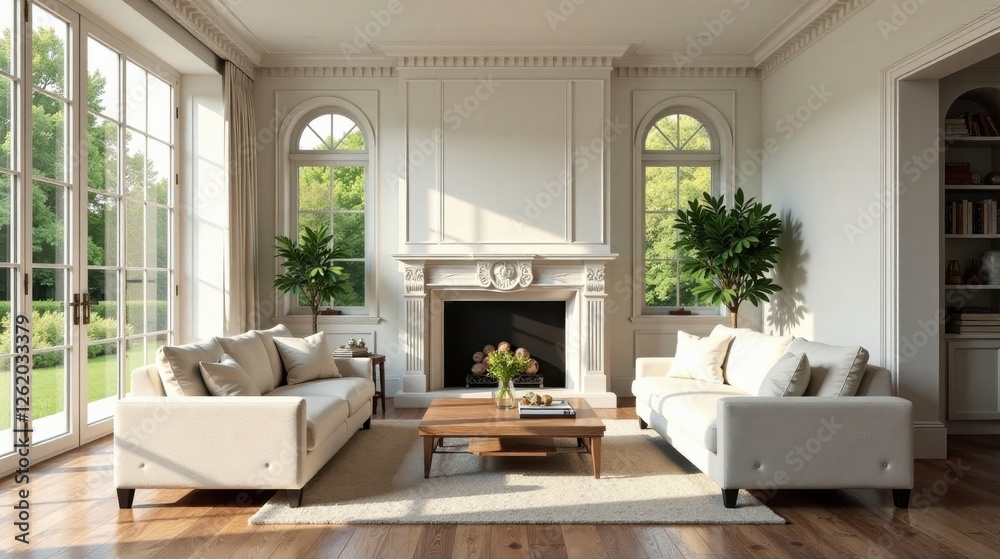 Fototapeta premium Sunlight streams through large windows illuminating a luxurious living room with elegant sofas and a classic fireplace