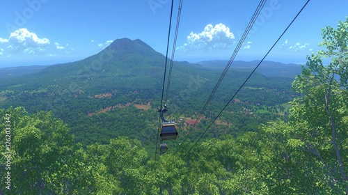 Mountain cable car ride, lush forest, volcano background, scenic views