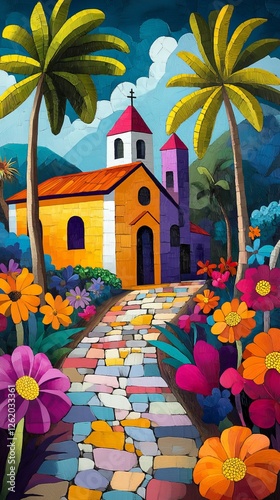 Vibrant Nicaraguan Landscape with Bright Flowers, Palm Trees, and Seaside Chapel in Cubism Art Style, Generative AI