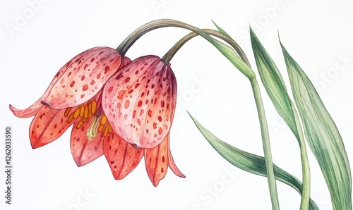 Elegant Watercolor Painting of Fritillaria Meleagris Flower with Green Leaves on White Background - Botanical Art for Nature Lovers and Home Décor, Generative AI