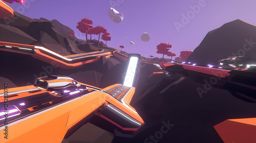 Futuristic racecar speeds through alien landscape