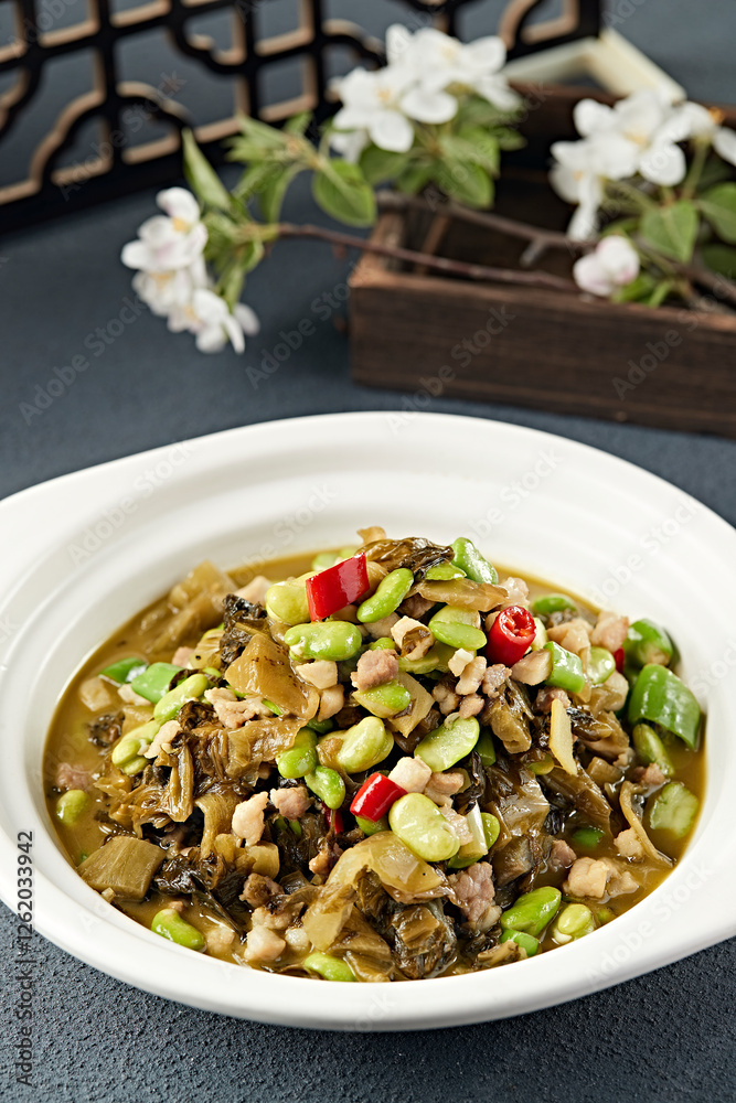 Braised Snow Vegetables with Rice Pepper, Broad Beans and Minced Pork Braised Snow Vegetables with Rice Pepper, Broad Beans and Minced Pork