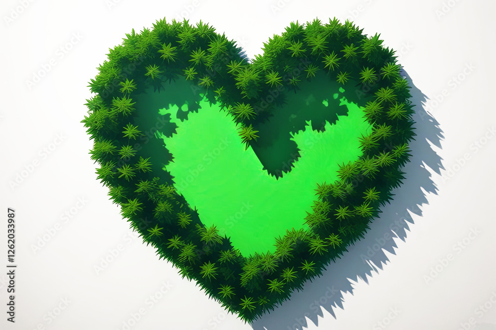 a heart-shaped land, covered with green plants, care for the planet's ecosystems, white background a heart-shaped land, covered with green plants, care for the planet's ecosystems, white background