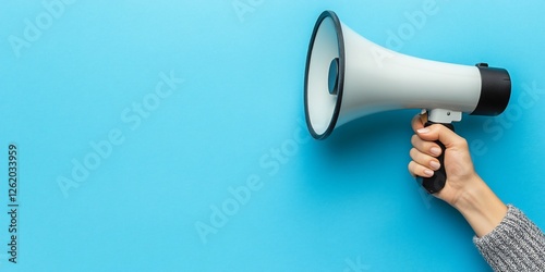 Hand holding megaphone against blue background. (1)