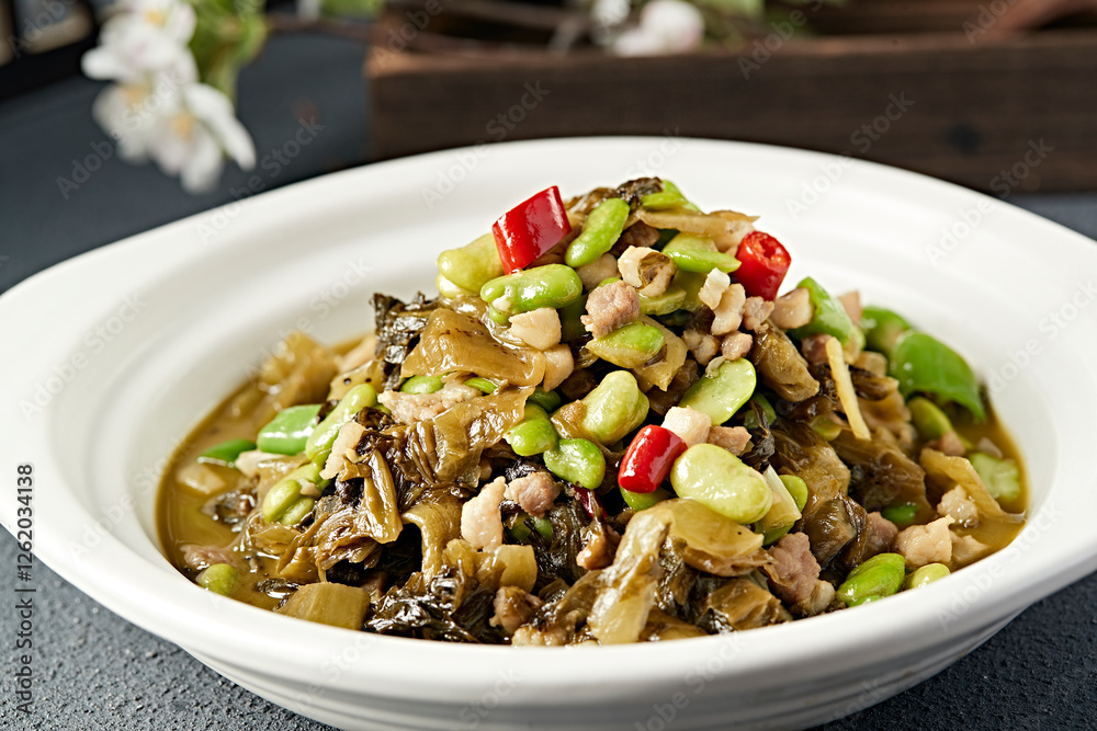 Braised Snow Vegetables with Rice Pepper, Broad Beans and Minced Pork Braised Snow Vegetables with Rice Pepper, Broad Beans and Minced Pork
