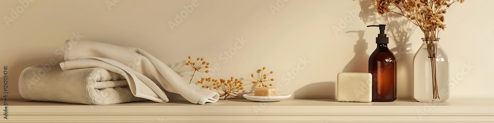 Beige wall background, shelf, soap bottle, towels, dried flowers, white bathroom, home terior mockup,