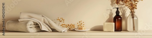 Obraz na płótnie Beige wall background, shelf, soap bottle, towels, dried flowers, white bathroom, home terior mockup, w salonie
