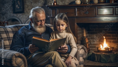Grandfather reading storybook granddaughter cozy living room couch crackling fireplace lamplight realistic fabric textures