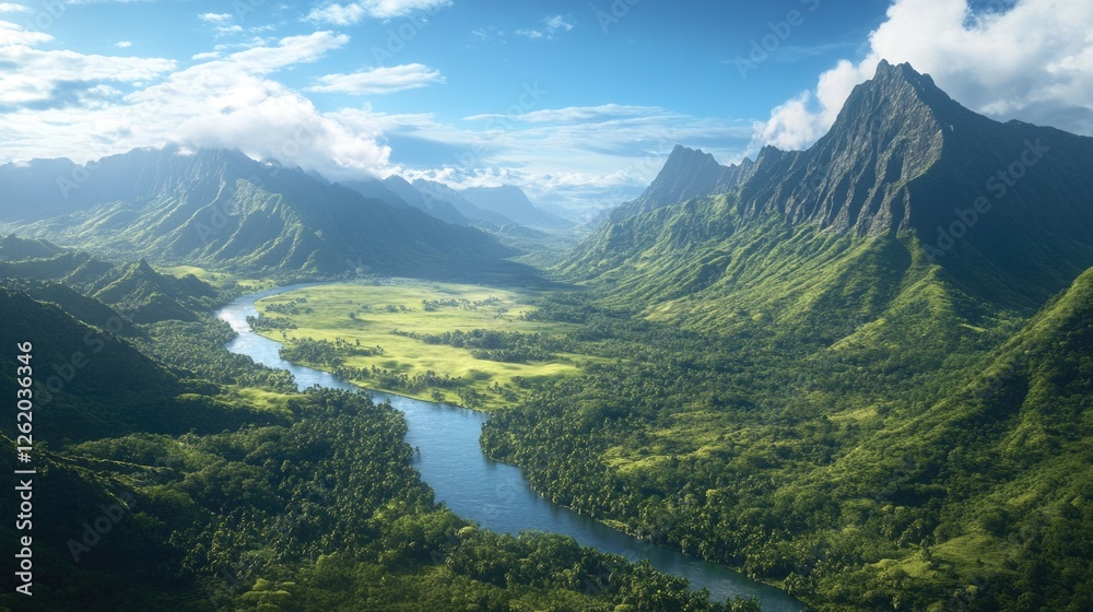 Fototapeta premium Majestic waterfall cascading through lush tropical forest and valley, with towering mountain peaks in the distance.