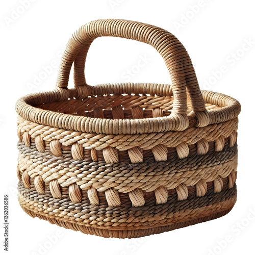 Handwoven natural fiber basket with two sturdy handles, isolated on white background. Rustic texture, warm, earthy colors. Front view