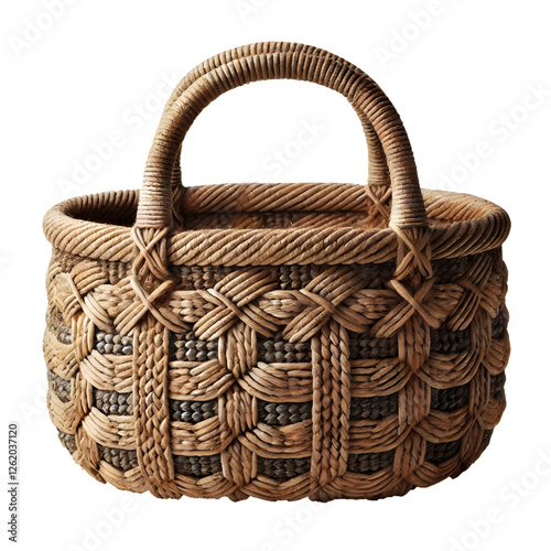 Handwoven natural fiber basket with two sturdy handles, isolated on white background. Rustic texture, warm, earthy colors. Front view