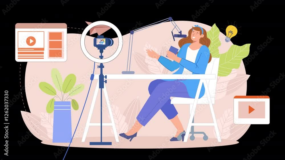 2D flat character animation bringing podcast creation to life, following characters as they discuss, record, and broadcast ideas in a vibrant, engaging digital space.
